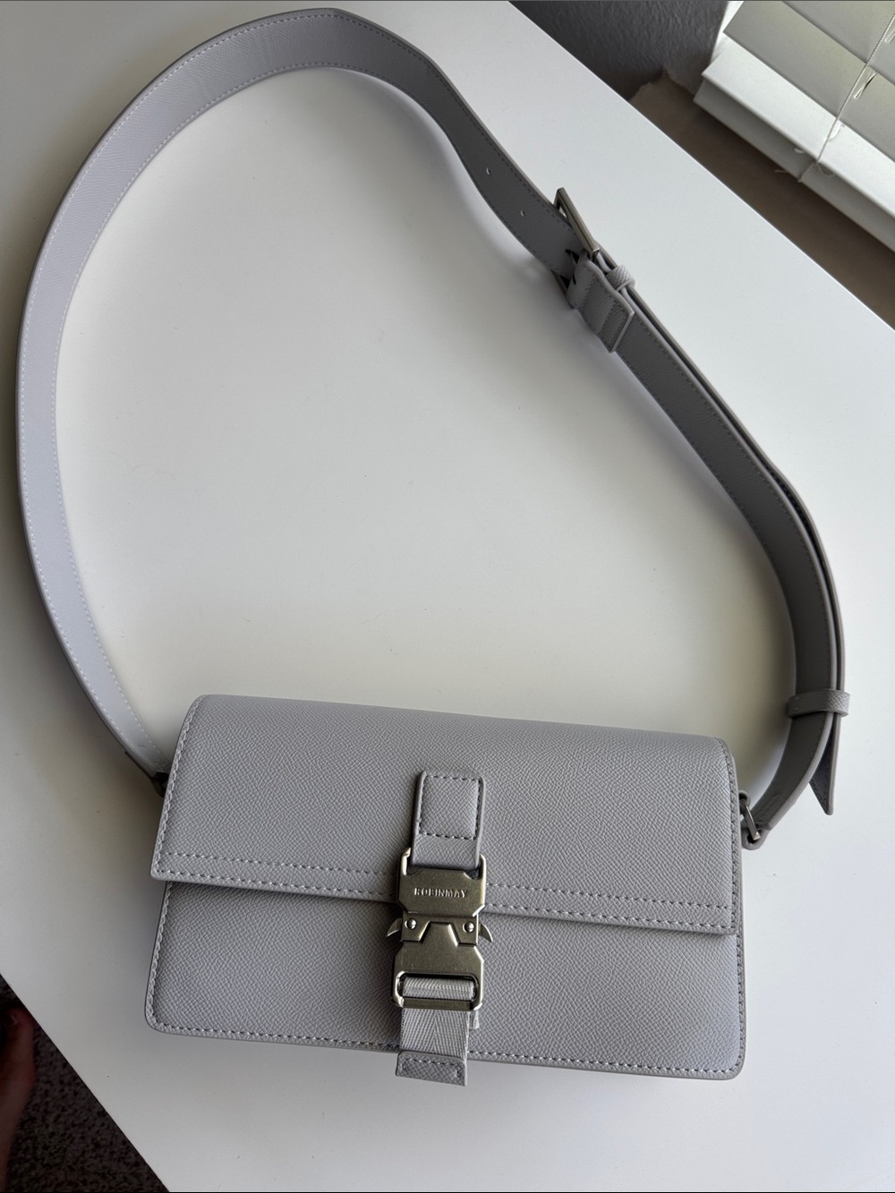 Minimalist Gray Leather Crossbody Bag with Silver Hardware